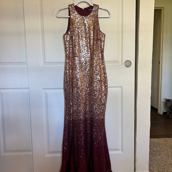 Gold and Maroon sequin floor length trumpet cut mermaid gown - Picture 1 of 4